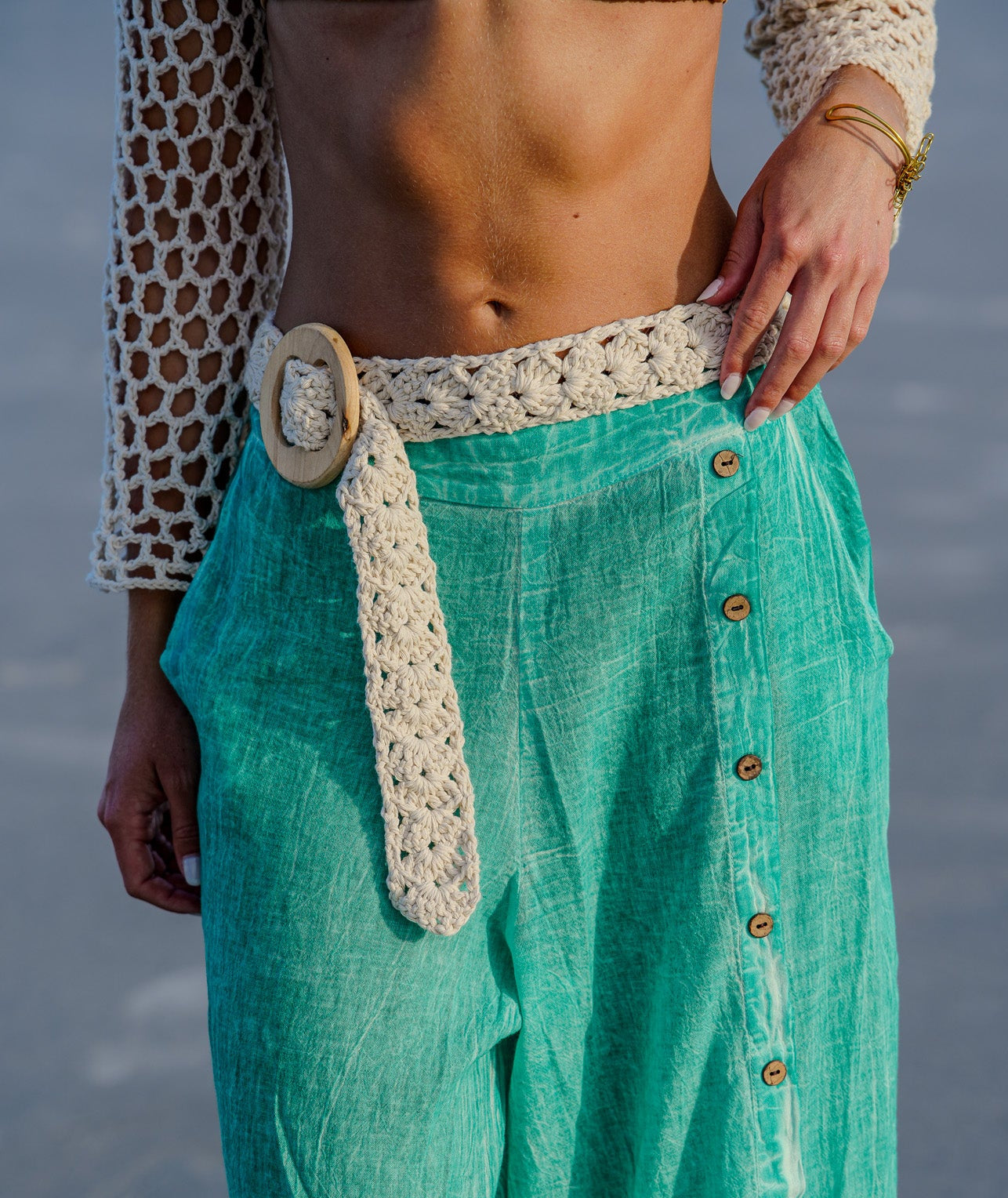 Boho Boutique Hand Sewn Fabric Belt Gypsy Crochet Belt | Handmade Boho Cotton Belt with Wooden  main image 3