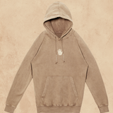 Brown hoodie with a hand logo on a beige background