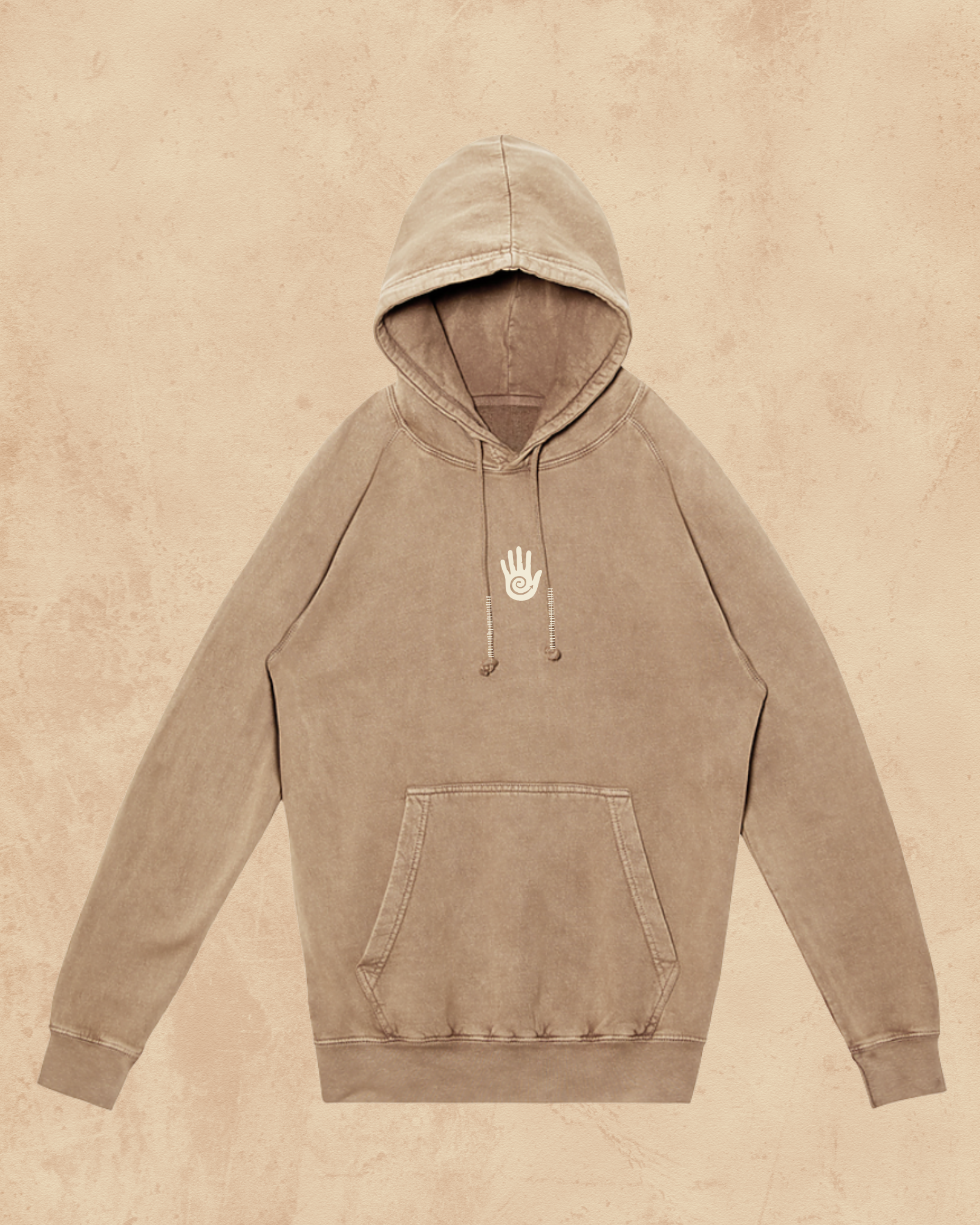 Brown hoodie with a hand logo on a beige background
