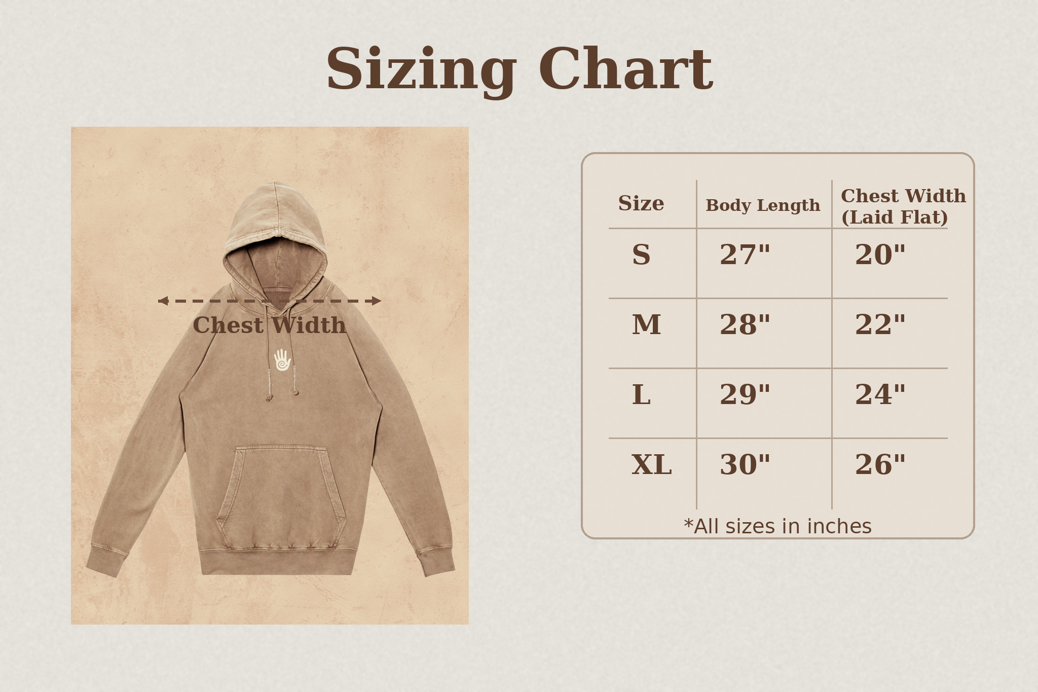 Sizing chart for a hoodie with measurements on a beige background