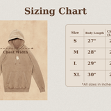 Sizing chart for a hoodie with measurements on a beige background
